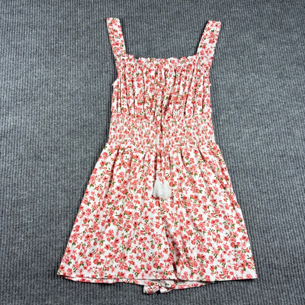 Vine and Valley Romper Womens S Floral Print White Red Smocked‎ Waist Boho